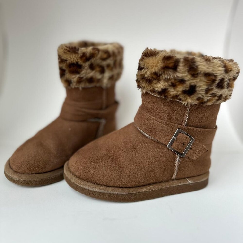 Western Chief Kids Sz 11 Slip on Belted Cuff Bootie Leopard Print Fur